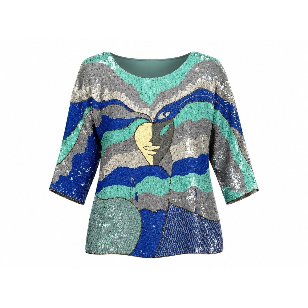 Vintage Metamorphosis 100% Silk Art To Wear Abstract Face Print Top Blouse Sz L